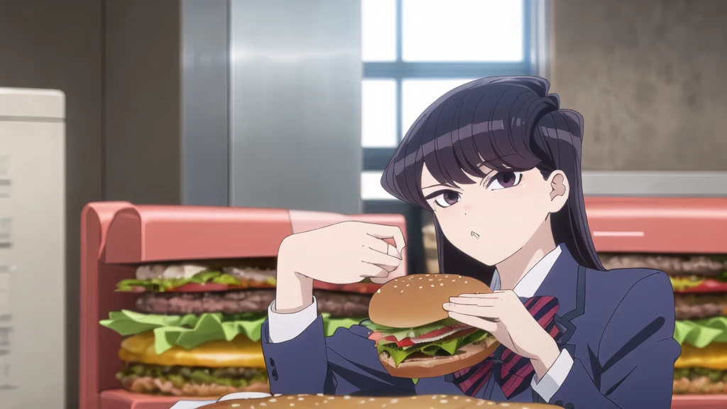  1 girl, Alone, Upper part of the body, looking at the viewer,  dark blue jacket, striped bow tie, , perfect quality, Good quality, Masterpiece, HDR, eating hamburger