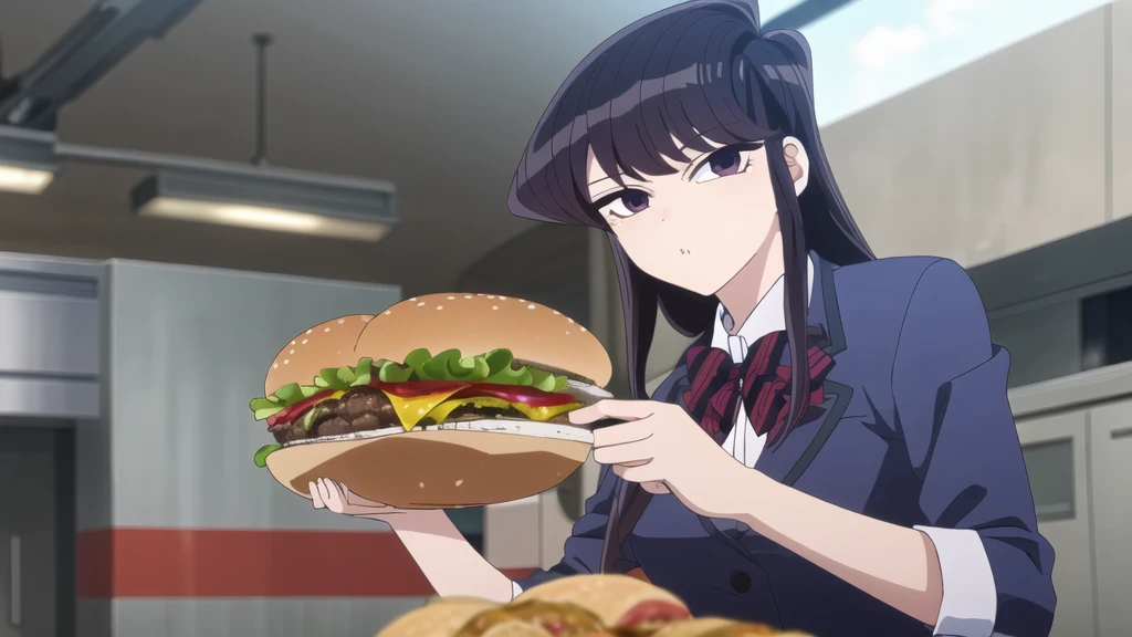  1 girl, Alone, Upper part of the body, looking at the viewer,  dark blue jacket, striped bow tie, , perfect quality, Good quality, Masterpiece, HDR, eating hamburger