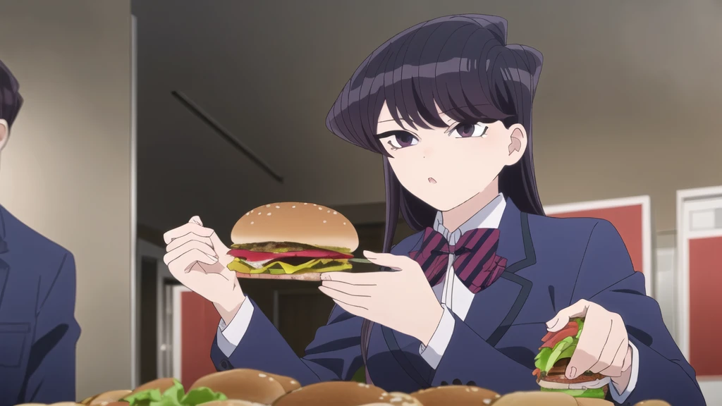  1 girl, Alone, Upper part of the body, looking at the viewer,  dark blue jacket, striped bow tie, , perfect quality, Good quality, Masterpiece, HDR, eating hamburger