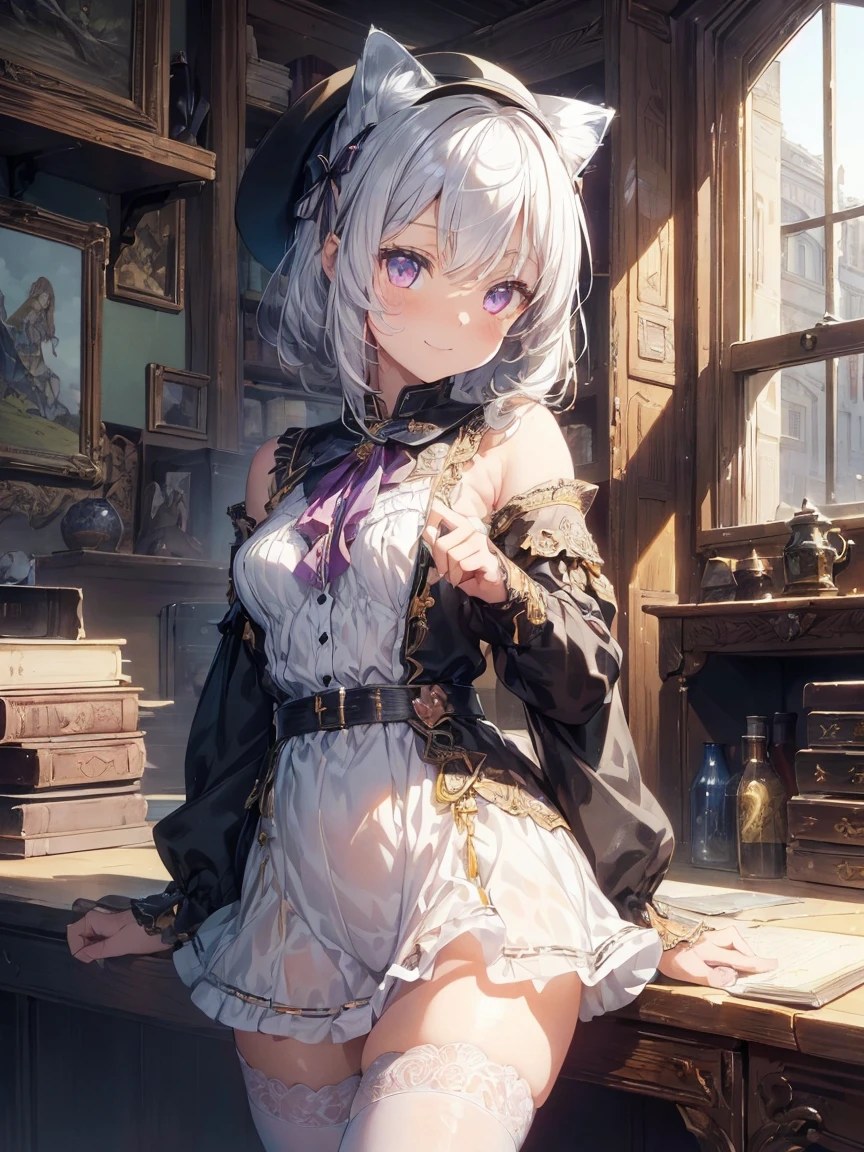 (((masterpiece))), (((Highest quality))), ((Very detailed)), ((Very detailedなイラスト)), ((Ultra-fine painting)), (16K Highest quality wallpaper:1.4), (Detailed and elaborate illustration style,:1.8) Detailed skin texture, High quality fabric, , (T-masterpiece), (Very detailedな顔:1.4), original, RAW Photos, Professional, Intricate details, Very detailed, Direct sunlight:1.6, ,(Cowboy Shot:1.9)、(Perfect Anatomy:1.4), (Extremely elaborate hands:1.2), (Very elaborate fingers:1.2), (Very elaborate fingers先:1.2),, (alone:1.6), (beautiful and adorable cat ears:1.6), (Intricate and delicate cat ears:1.4), (beautiful, Shiny white hair:1.6), (Very fine and delicate white hair:1.4),, (Very detailedな顔:1.4),(Light purple eyes:1.4),(smile:1.4),base layer: A room filled with darkness, Cute girly hobbies, Like an upturned toy box, Breaking the middle class: A girl with a mysterious aura, Surrounded by Gothic dolls, Vintage Books, Occult Tools, Split Foreground Layer: Mysterious accessories, hat, Something that emphasizes the girl's mysterious beauty, Break Effect Layer: Pay attention to the fine details of the items and the girls., Capturing Complexity and Depth, Break the finishing touches: Deep focus screen effect, Seamlessly blend foreground and background, It encapsulates the eerie yet fascinating essence of the room..