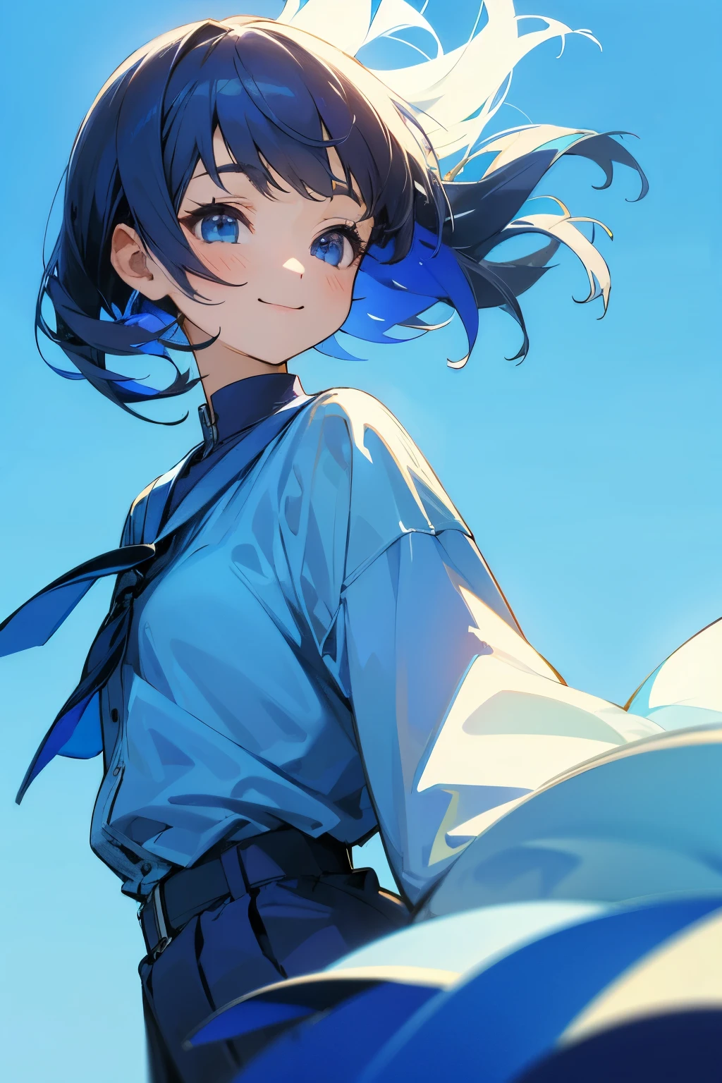 girl、smile、Blue background、Clothes are blue