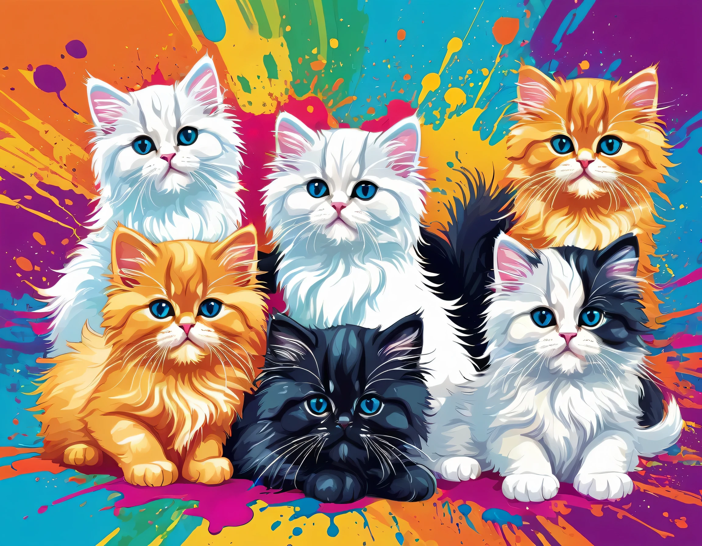 Vector Art, Colorful illustration with lots of cute Persian kittens, In the center, Vibrant colors, Paint splatters and stains, High Detail,Hawaiian style background