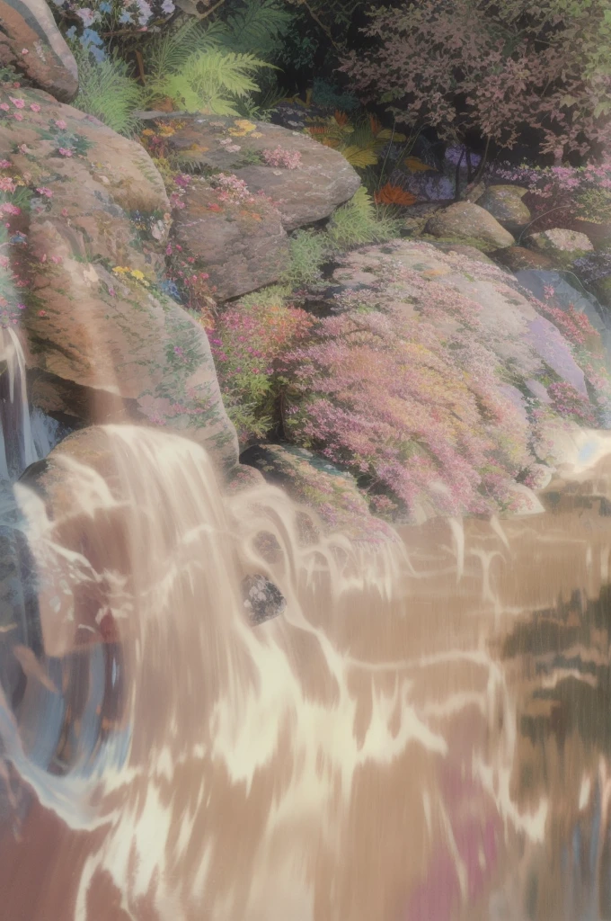 A waterfall with large trees plus natural rocks