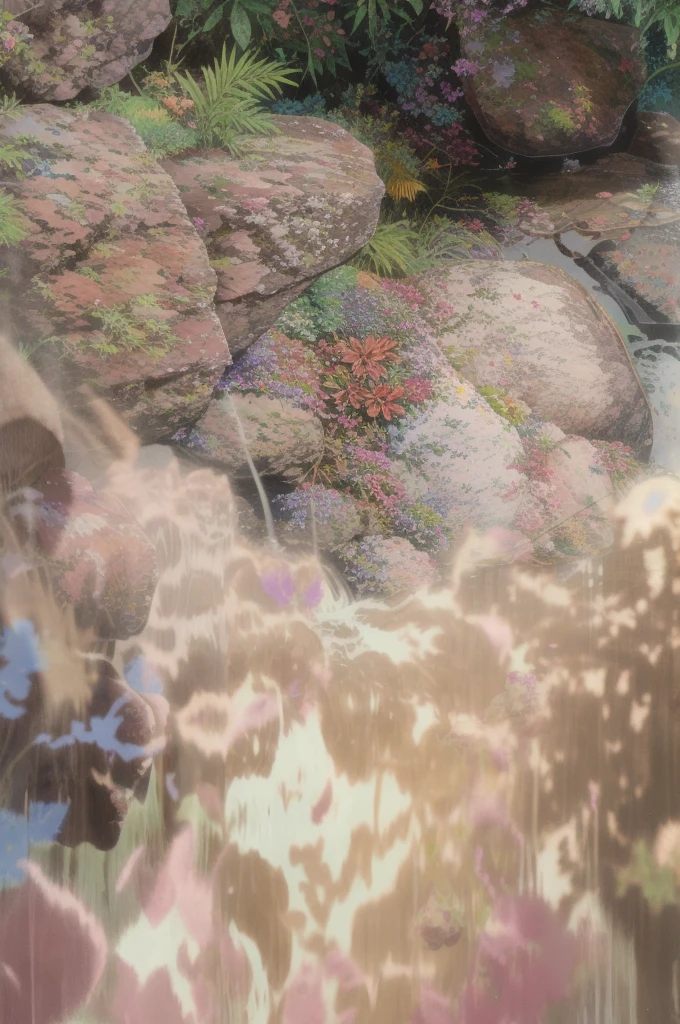 A waterfall with large trees plus natural rocks