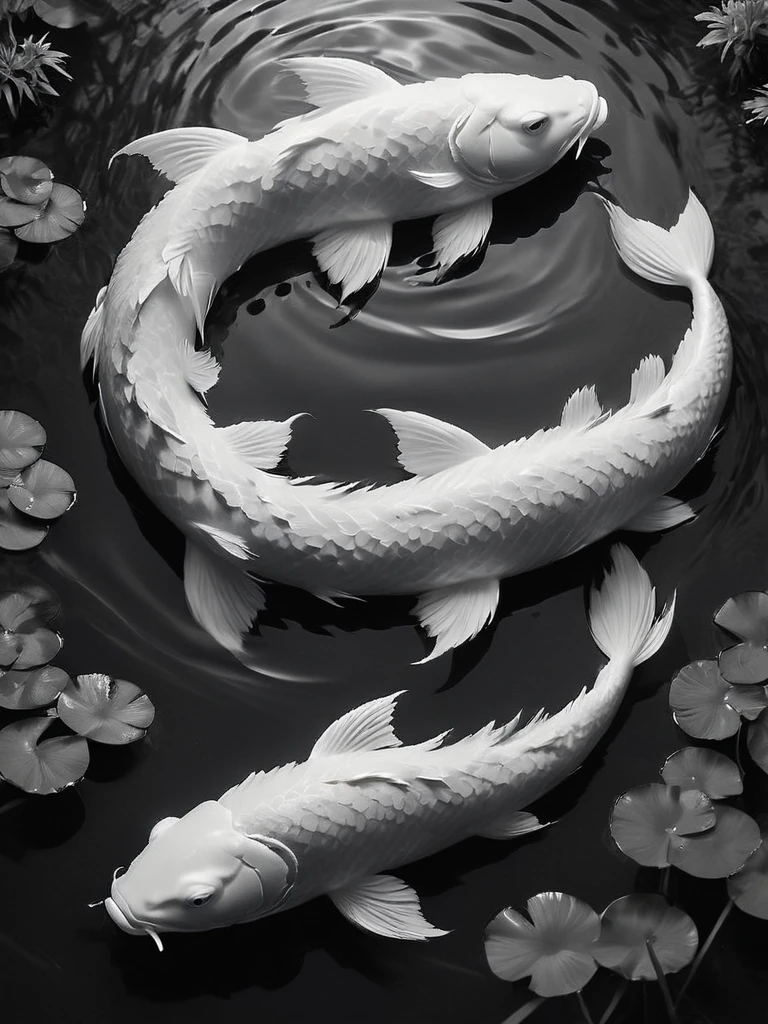 stunning black and white graphite sketch of Koi fish forming the yin/yang symbol in a pond, panoramic shot, from The Lord Of The Rings trilogy, in dynamic pose, by Anna Razumovskay, (by Alyssa Monks:1.1), by Joseph Lorusso, by Lilia Alvarado, beautiful lighting, sharp focus, 8k, high res, (pores:0.1), (sweaty:0.8), Masterpiece, Nikon Z9, Award - winning photograph, --ar 16:9 --style raw --stylize 750 --niji 6, perfect composition, beautiful detailed intricate insanely de