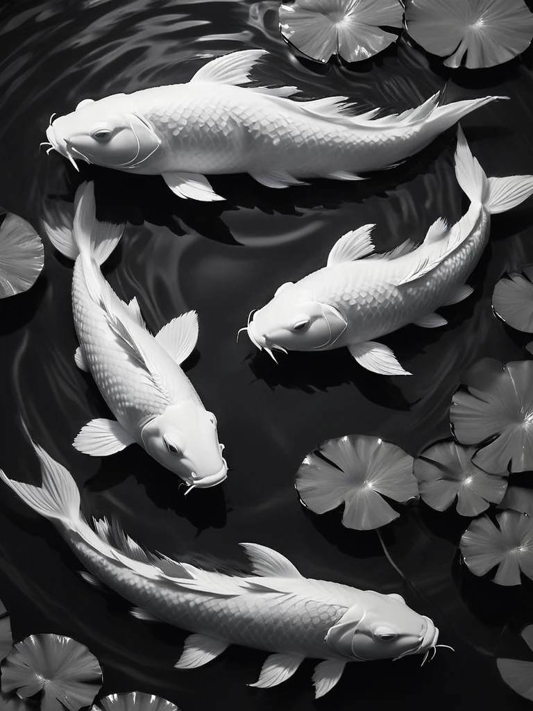 stunning black and white graphite sketch of Koi fish forming the yin/yang symbol in a pond, panoramic shot, from The Lord Of The Rings trilogy, in dynamic pose, by Anna Razumovskay, (by Alyssa Monks:1.1), by Joseph Lorusso, by Lilia Alvarado, beautiful lighting, sharp focus, 8k, high res, (pores:0.1), (sweaty:0.8), Masterpiece, Nikon Z9, Award - winning photograph, --ar 16:9 --style raw --stylize 750 --niji 6, perfect composition, beautiful detailed intricate insanely de