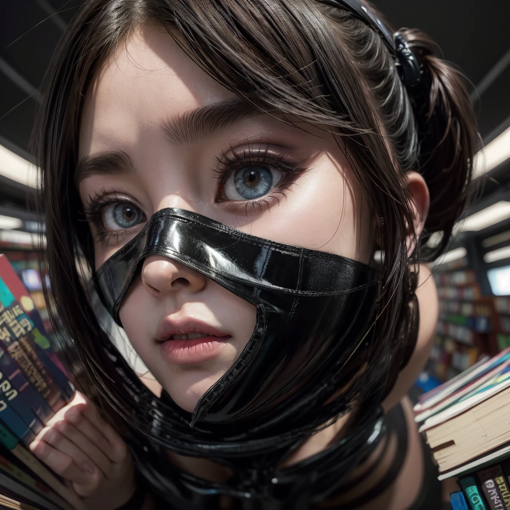 girl in library,tightly dressed,latex stockings,(very sexy perspective:1.1),beautiful detailed eyes,beautiful detailed lips,extremely detailed eyes and face,longeyelashes,illustration,oil painting,photorealistic,8k,highres,masterpiece:1.2,ultra-detailed,realistic:1.37,studio lighting,vivid colors,cinematic lighting,dramatic pose