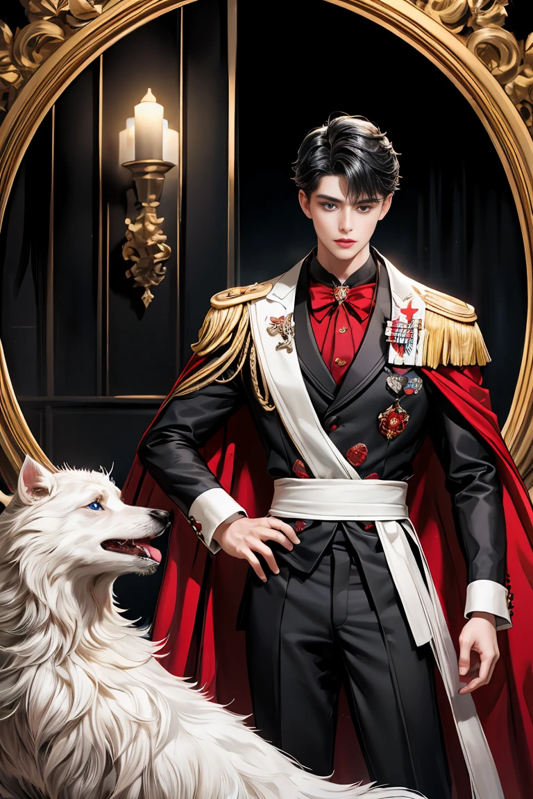 masterpiece, 最high quality, high quality, 1 boy, alone, Male focus, Watching the audience, Messy black hair, Adorable big blue eyes, White people, Noble, Noble,Sexy voluminous black and red cape、Tuxedo、A very voluminous, large, very large, very large, long, long red and black cape with a high stand-up collar, reaching down to the floor, made of a lot of fabric., 17 years old,Cute beautiful boys,Cute, cute, kind, handsome guy