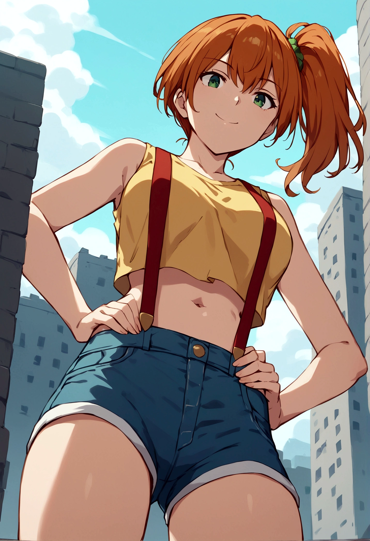 core_9,score_8, score_8_superior,from below, (Low angle shot), straight-on.masterpiece,bestquality, Highest quality, (mature), , (outcome), One girl, , Foggy, alone, Outdoor, Green Eyes, Orange Hair, Side Ponytail, Yellow Shirt, Sleeveless shirt,belly button, Denim shorts, suspenders, (A playful and mischievous look, Captivating look, Seductive expressions),hands on hips,
