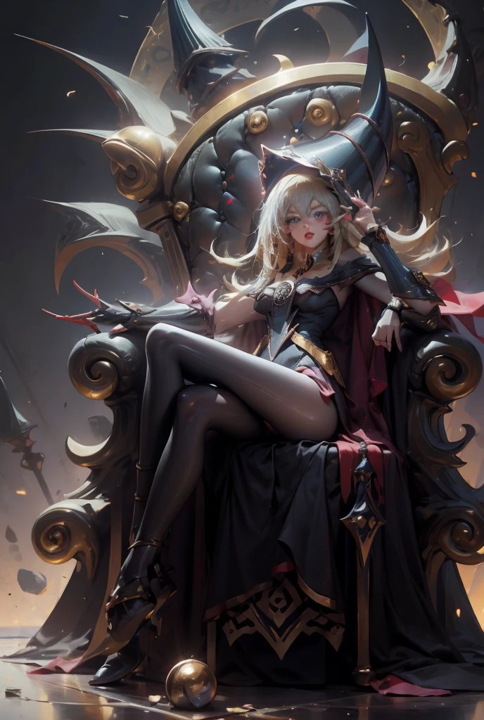 Dark magician gils with black gala dress. Wear dark tights. She wears red heels, has earrings. Wear necklaces.  Long blonde hair. blue eyes. Red lips. Sensual and subjective pose. She is sitting on a golden throne. Castle Background. She has black heels and transparent stockings 