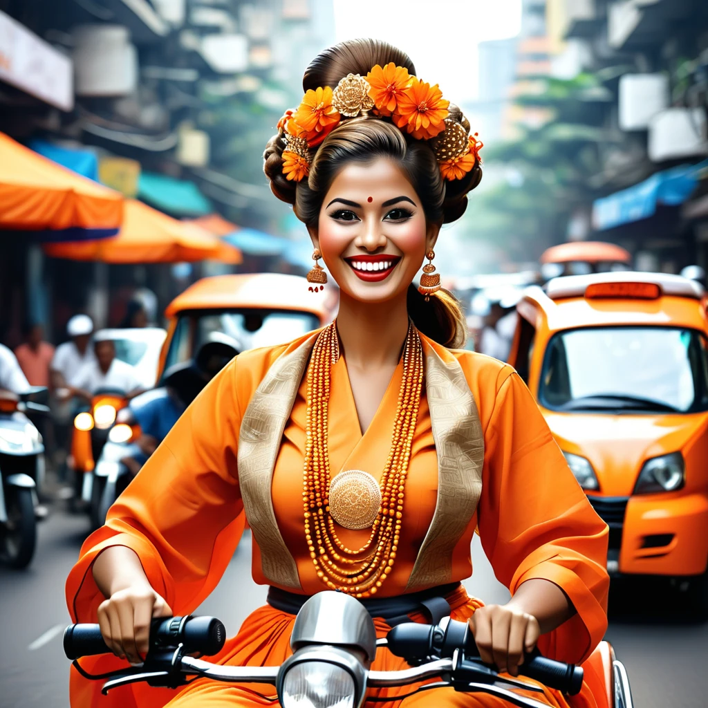 "Create an eye-catching digital illustration of a cheerful woman in traditional attire with large earrings and an elaborate hairstyle, riding an orange pedicab (bajaj) on a busy city street. The pedicab has a license plate that says 'BAJAK'. Include festive elements with a backdrop of city shops and other motorcyclists. Add the text 'Happy Birthday Djakarta' at the top to celebrate Jakarta's anniversary."