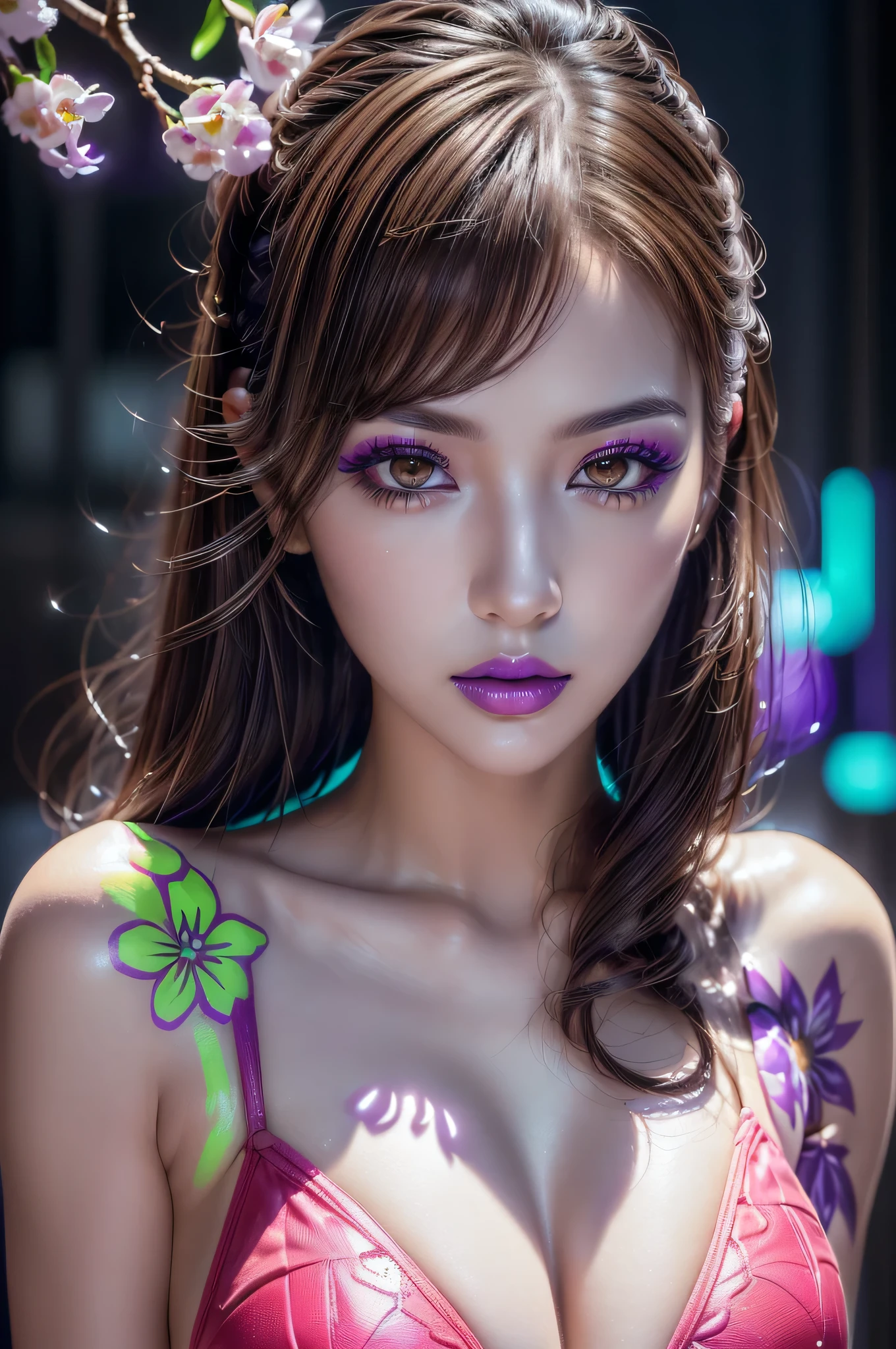 ((portrait of a girl in the dark, ultraviolet light on her:1.22)), (1girl: 1.3, 22 years), ((Glowing 3D objects interact with graphics,Super detailed illustrations)),photorealistic Realism 8K, 16K Quality, fashion supermodel, (Glamour, paparazzi taking pictures of her), (ultra absurd quality, extremely detailed detail, hyper resolution, clear sharp focus, not blurry, (perfect round, Realistic brown eyes:1.25)), (extremely beautiful face, beautiful lips), pink_makeup:1.2, blue_eyeliner, red_lipstick:1.2,(perfect dark_eyeshadows), (Detailed nose:1.2), Intricate detail face, best high quality real texture skin, (perfect composition), ((creative spring flowers uv portrait glowin neon body art painting)), ((fluorescent flower clusters printed on her skin: 1.27)), ((fluorescent paint whole body:1.4)), ((A model shows off glowing body paint covering her private parts in a vivid artistic display:1.2))), ((Beautiful girl with long legs and good style:1.2)), (dynamic pose:1.25),((no_Pantise)),(Erotic:1.33), (((cowboy shot))),