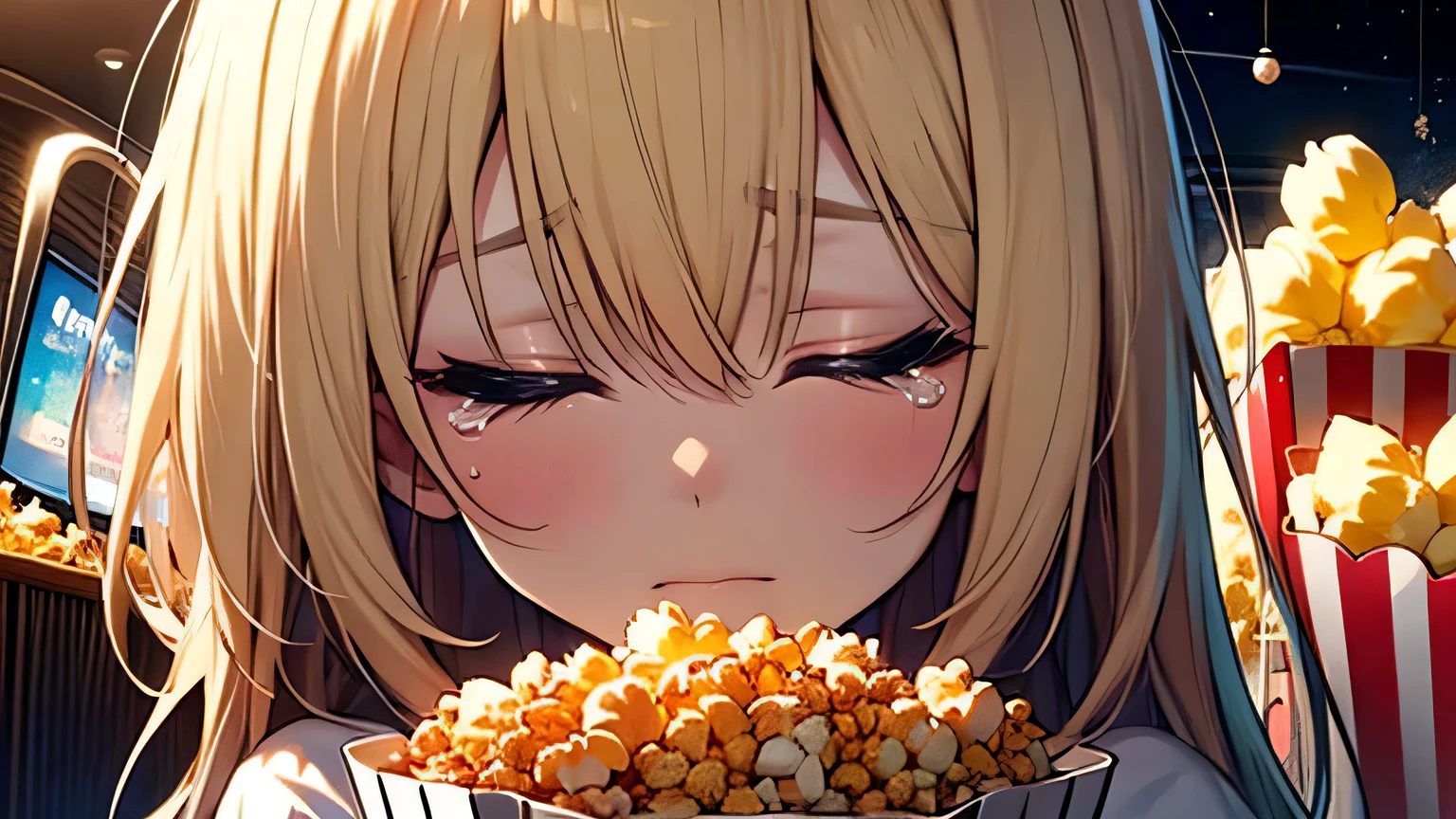 ((Highest quality)), ((masterpiece)), (detailed), One girl, movie theatre、Tears、Close ~ eyes、Sad、blonde、Smooth Hair、Popcorn、