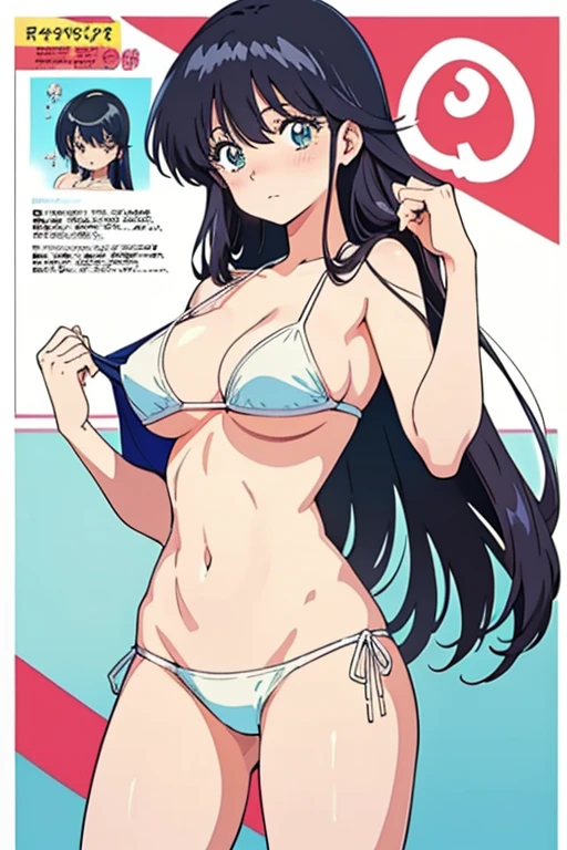 (masutepiece, Best Quality, High resolution:1.5, anime colours, megami magazine:1.2, anime poster style, anime keyvisual, sharp, 8k, photorealistic), (beautiful detailed eyes:1.5, beautiful detailed face:1.2), madoka ayukawa, 1girl, blush, (black hair, Long Hair), (sagging large breasts), (white bikini), hip hang, cowboy shot, (Perfect detailed Anatomy, beautiful detailed hair, beautiful detailed body:1.2, shiny skin), (thick outline, Beautiful outlines, black outlines), simple background