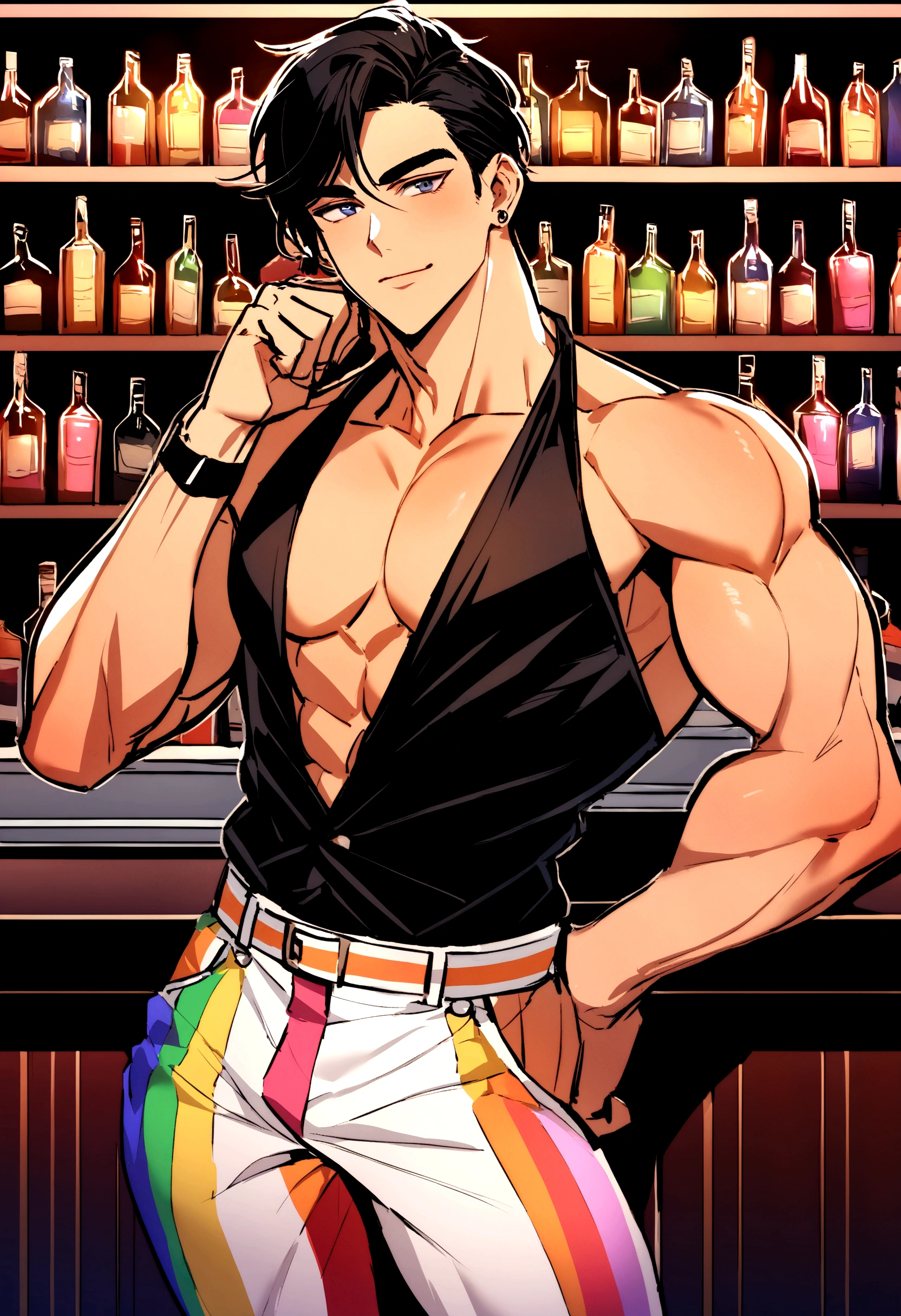 A guy with a bear face who works in a bar and is celebrating gay pride month is a handsome young man with black hair and muscles 