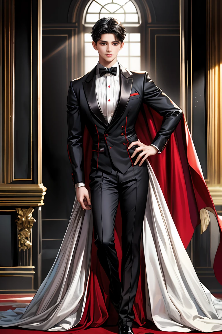
masterpiece, 最high quality, high quality, 1 boy, alone, Male focus, Watching the audience,  Messy black hair, Adorable big blue eyes, White people, Noble, Noble,Sexy voluminous black and red cape、Tuxedo、A very voluminous, large, very large, very large, long, long red and black cape with a high stand-up collar, reaching down to the floor, made of a lot of fabric., 17 years old,Cute beautiful boys,Cute, cute, kind, handsome guy