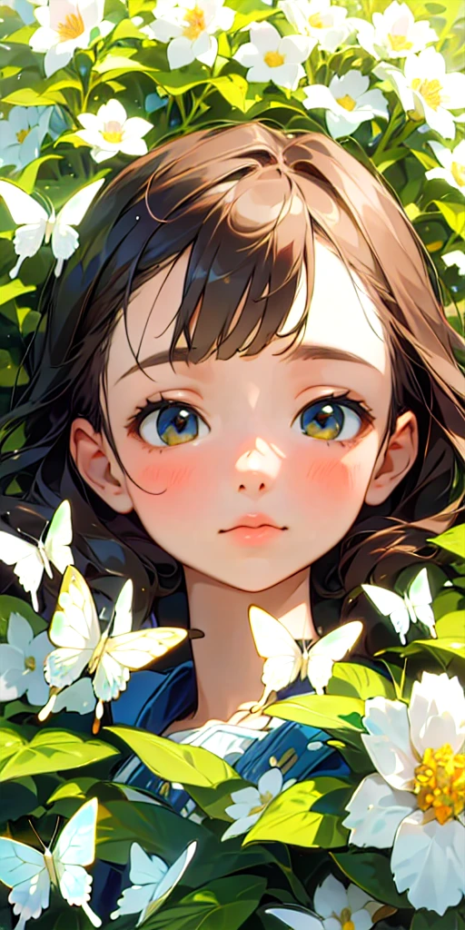 (Highest quality, masterpiece, Ultra-realistic), Beautiful and delicate15Year-old girl portrait, With a calm and gentle expression, The background scenery is full of blooming flowers.、A garden where butterflies fly around.