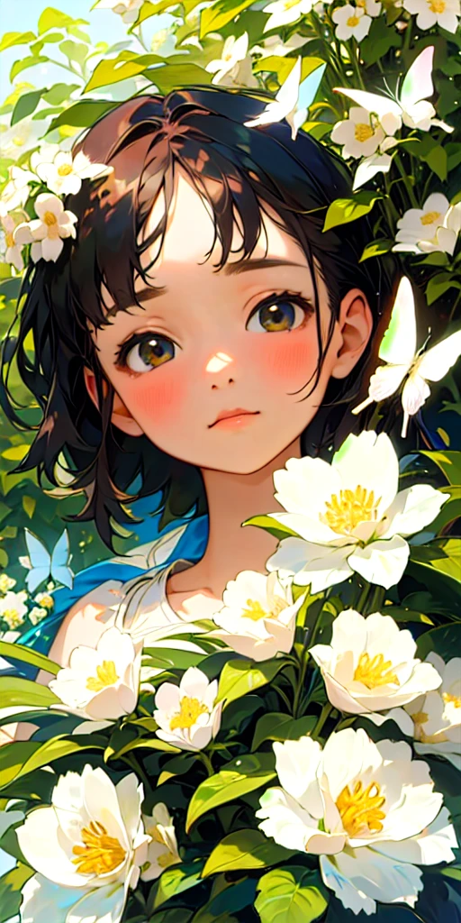 (Highest quality, masterpiece, Ultra-realistic), Beautiful and delicate１５Year-old girl portrait, With a calm and gentle expression, The background scenery is full of blooming flowers.、A garden where butterflies fly around.