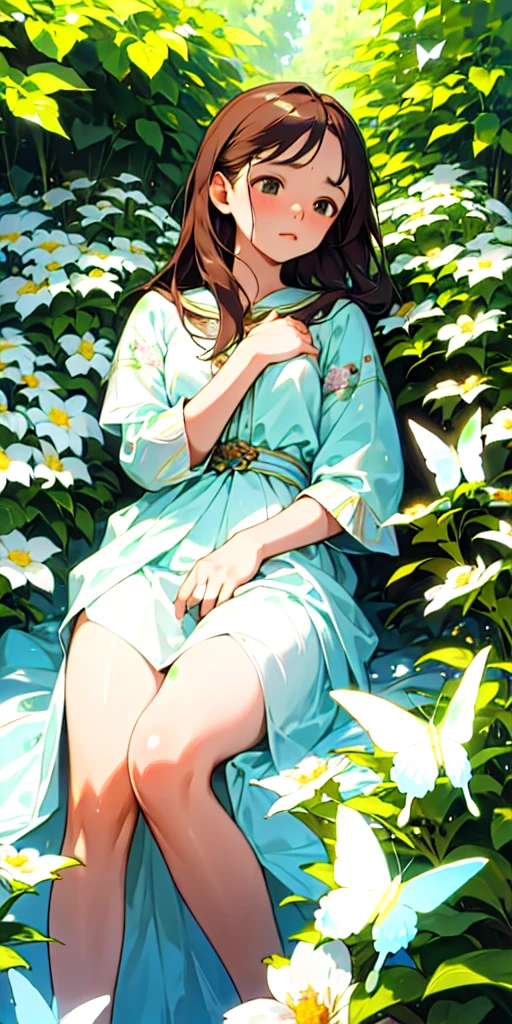Portrait of one beautiful and delicate girl with tempera painting, short hair, black hair, short hair, small breasts, small breasts, small breasts, (highest quality, masterpiece, super real), soft and peaceful look, the landscape in the background is a garden with flowering bushes and butterflies flying around.