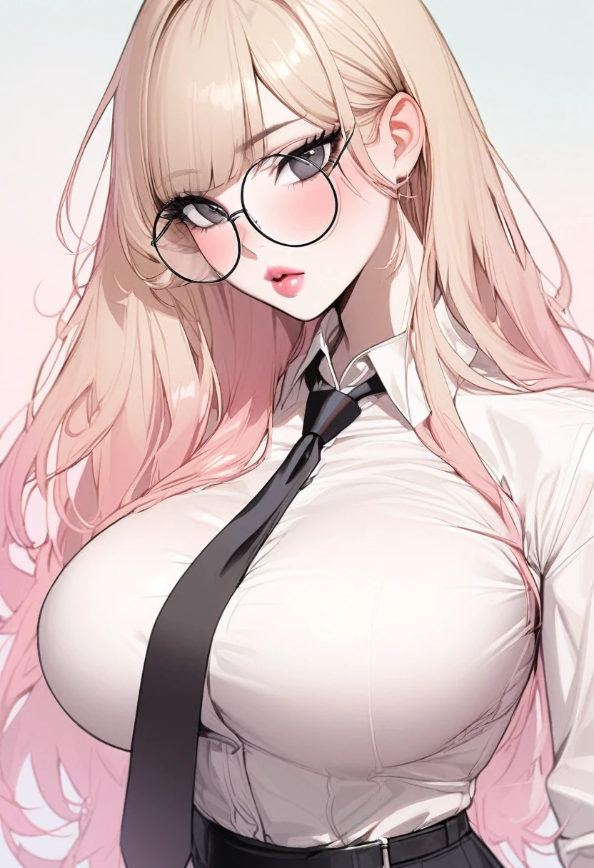 1 girl, solo, light blonde hair, black eyes, white shirt, pastel colors, big breast, lipgloss, big round glasses, korean, straight bangs, pink cheeks, sexy, professional, smart, black tie, elegant, hot, sultry