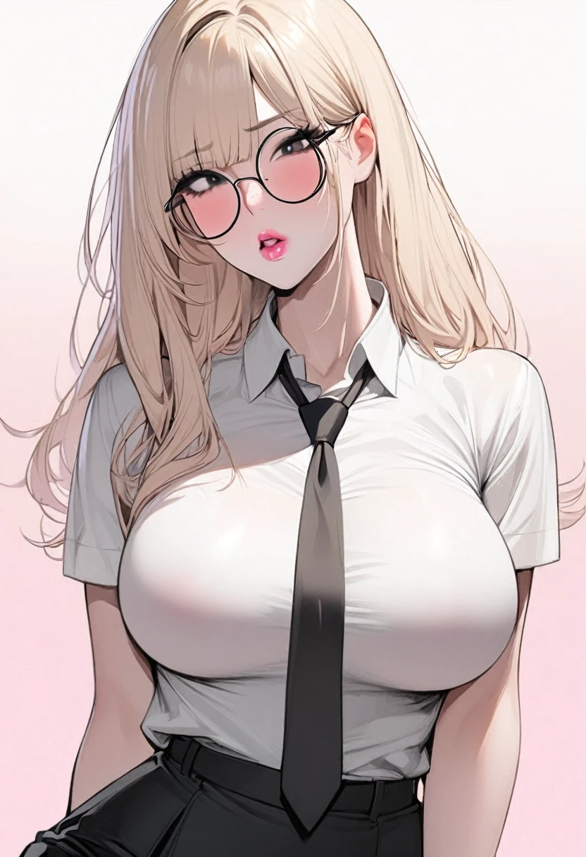 1 girl, solo, light blonde hair, black eyes, white shirt, pastel colors, big breast, lipgloss, big round glasses, korean, straight bangs, pink cheeks, sexy, professional, smart, black tie, elegant, hot, sultry, fuck