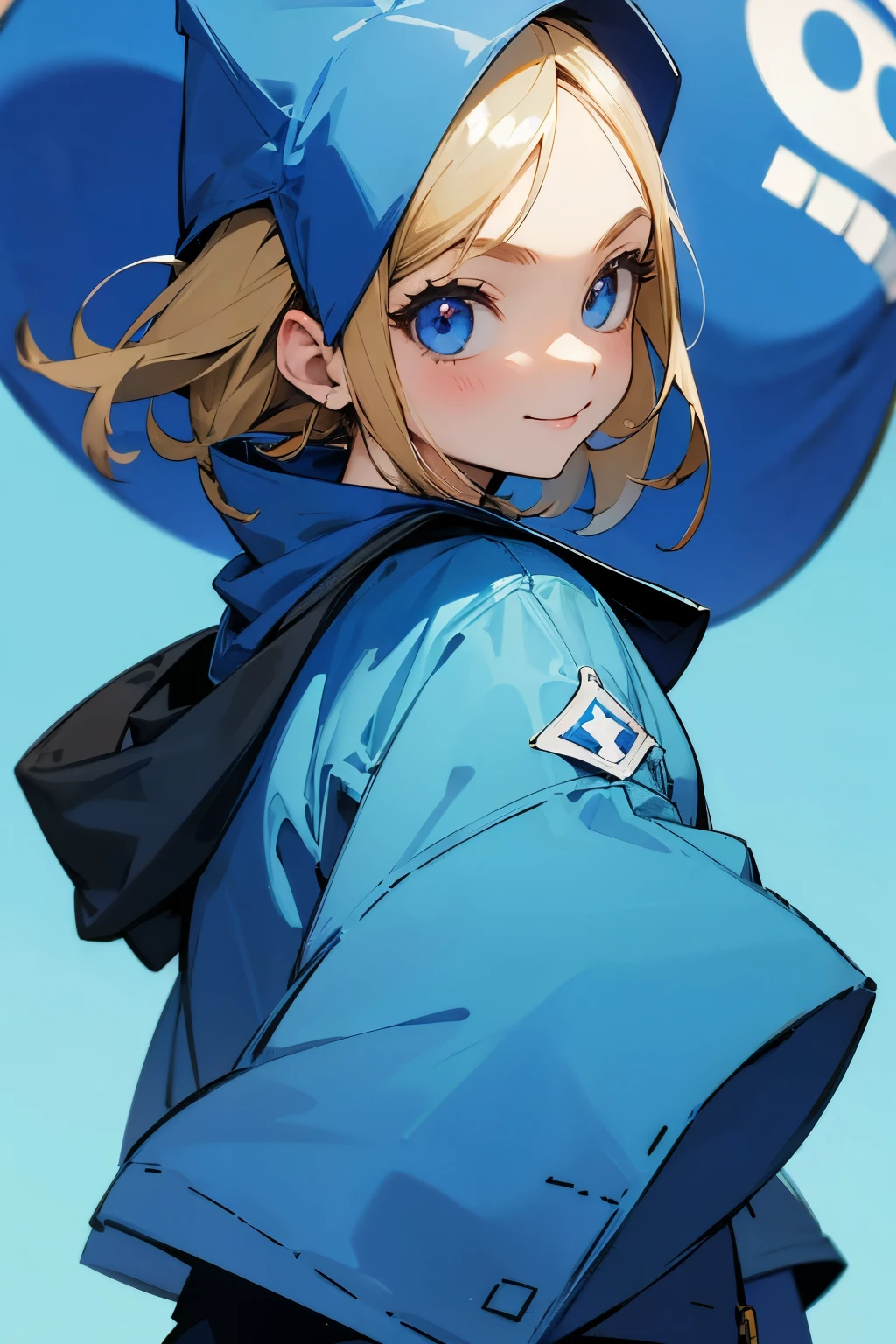 girl、smile、hoodie、one piece、Blue background、Clothes are blue、