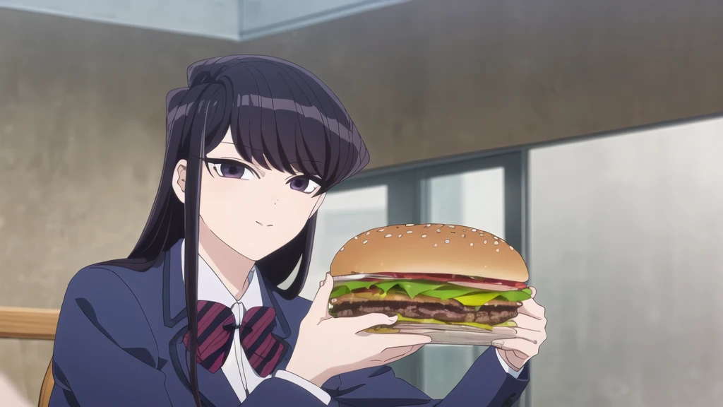 girl, Alone, Upper part of the body, looking at the viewer, , dark blue jacket, striped bow tie, , perfect quality, Good quality, Masterpiece, HDR, eating hamburger, sitting, small smile, head on