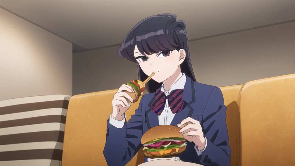 girl, Alone, Upper part of the body,  looking at the viewer, , dark blue jacket, striped bow tie, , perfect quality, Good quality, Masterpiece, HDR, eating hamburger, sitting, small smile, head on