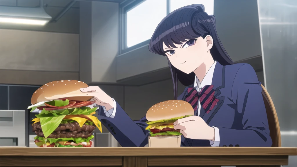 girl, Alone, Upper part of the body,  looking at the viewer, , dark blue jacket, striped bow tie, , perfect quality, Good quality, Masterpiece, HDR, eating hamburger, sitting, small smile, head on