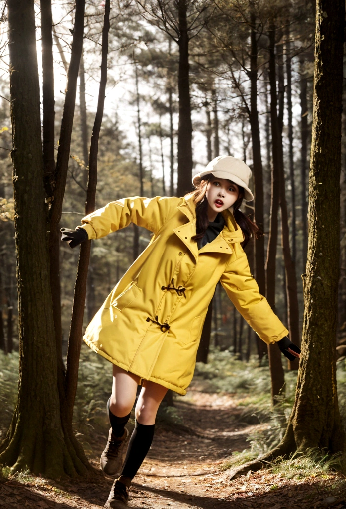 One is wearing a yellow coat、Cartoon girl wearing a hat running quickly in the woods