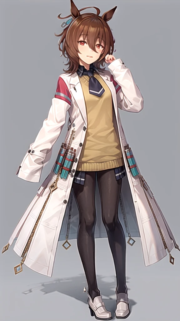 masterpiece, best quality,
agnes tachyon \(umamusume\),
single earring, long sleeves, sleeves past wrists, sleeves past fingers, collared shirt, black shirt, yellow sweater, sweater vest, black necktie, short necktie, open coat, white coat, labcoat, test tube, vial, zipper, black pantyhose, white footwear, high heel boots