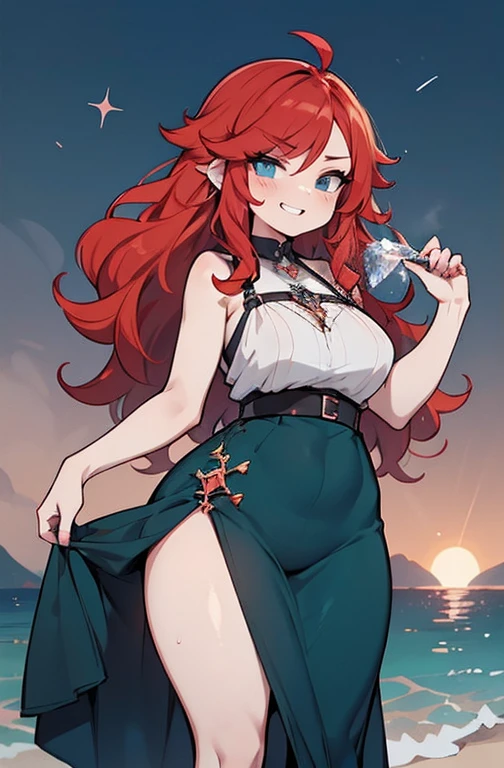 male to female trans, full, pursed lips, freckles, long curly red hair with bangs, crystal blue eyes with smoky eyeshadow and black eyeliner, semi-matte black lipstick, pale to sun-kissed skin, smug and seductive smile, teal sundress, big futanari genital bulge