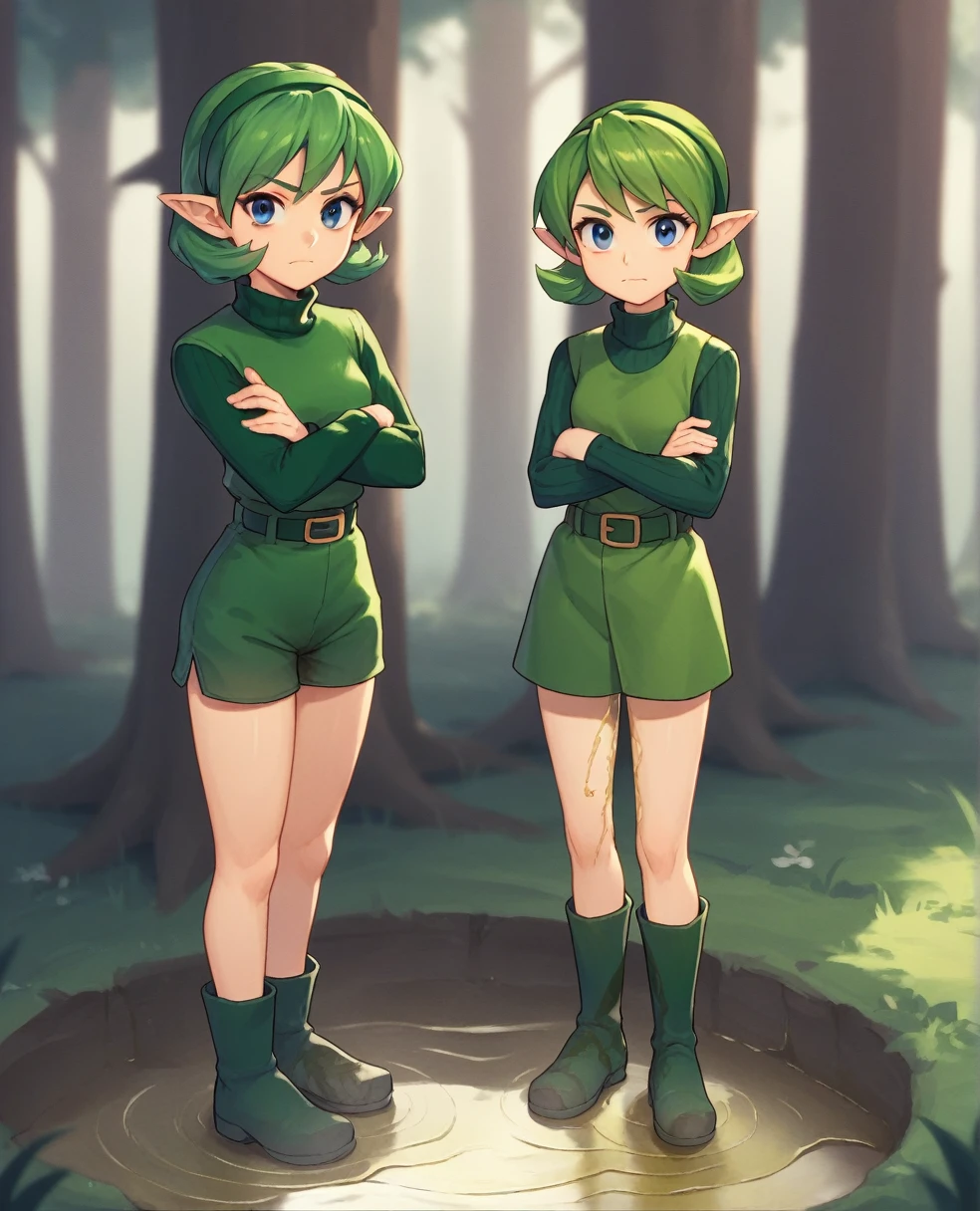 zPDXL,1girl, 
saria, green hair, hairband, blue eyes, green attire, long sleeves, sweater, turtleneck, tunic, belt, green boots, short green shorts, looking at viewer,serious, smiling, standing, arms crossed, medium shot, forest, sunlight,((wetting self, pee stains, puddle))
 