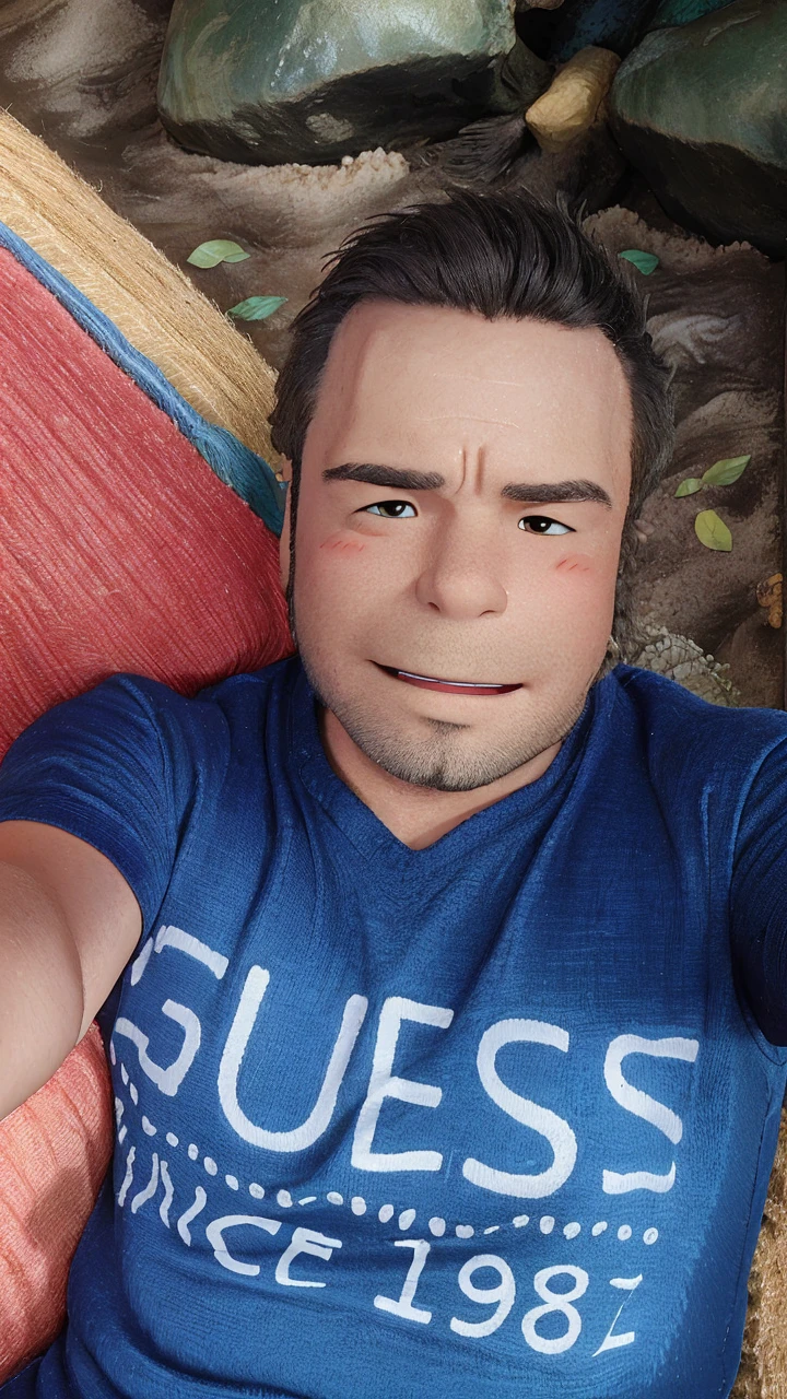 Based on this photo, he has a Ghibli-style face and the background is the sea and he is sitting on a sandy beach