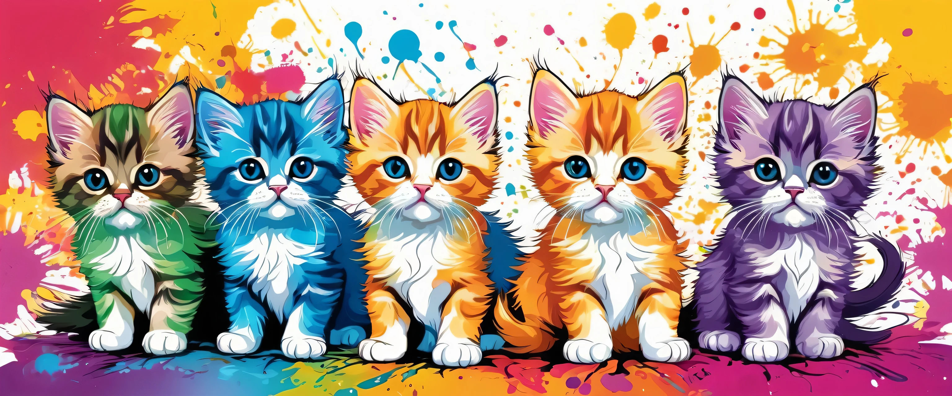 Vector Art, Colorful illustration with lots of cute Persian kittens, In the center, Vibrant colors, Paint splatters and stains, High Detail,Hawaiian style background