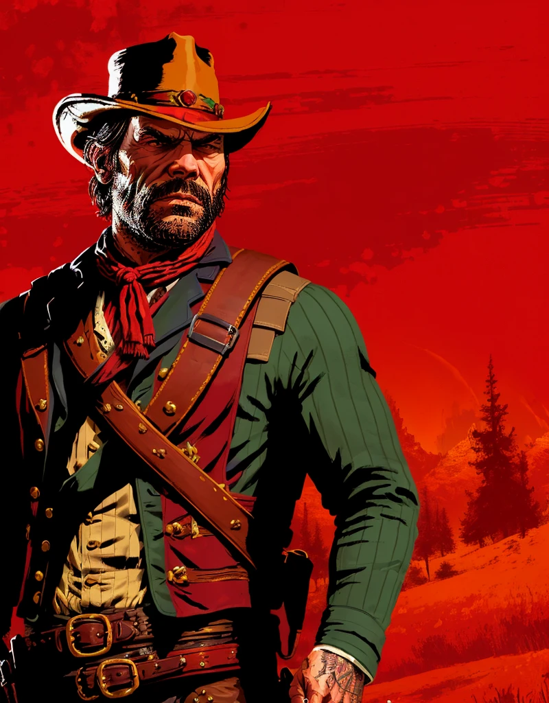 R3DD34Dstyle, digital portrait, there is a man with a hat and a backpack walking through a field, a picture inspired by Clint Cearley, trending on polycount, digital art, arthur morgan, in red dead redemption 2, in red dead redemntion 2, rdr 2 mod, bearded cowboy, red dead redemption2, red dead redemption 2, [ red dead ], rdr2 red background 