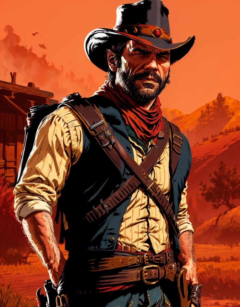 R3DD34Dstyle, digital portrait, there is a man with a hat and a backpack walking through a field, a picture inspired by Clint Cearley, trending on polycount, digital art, arthur morgan, in red dead redemption 2, in red dead redemntion 2, rdr 2 mod, bearded cowboy, red dead redemption2, red dead redemption 2, [ red dead ], rdr2 red background 