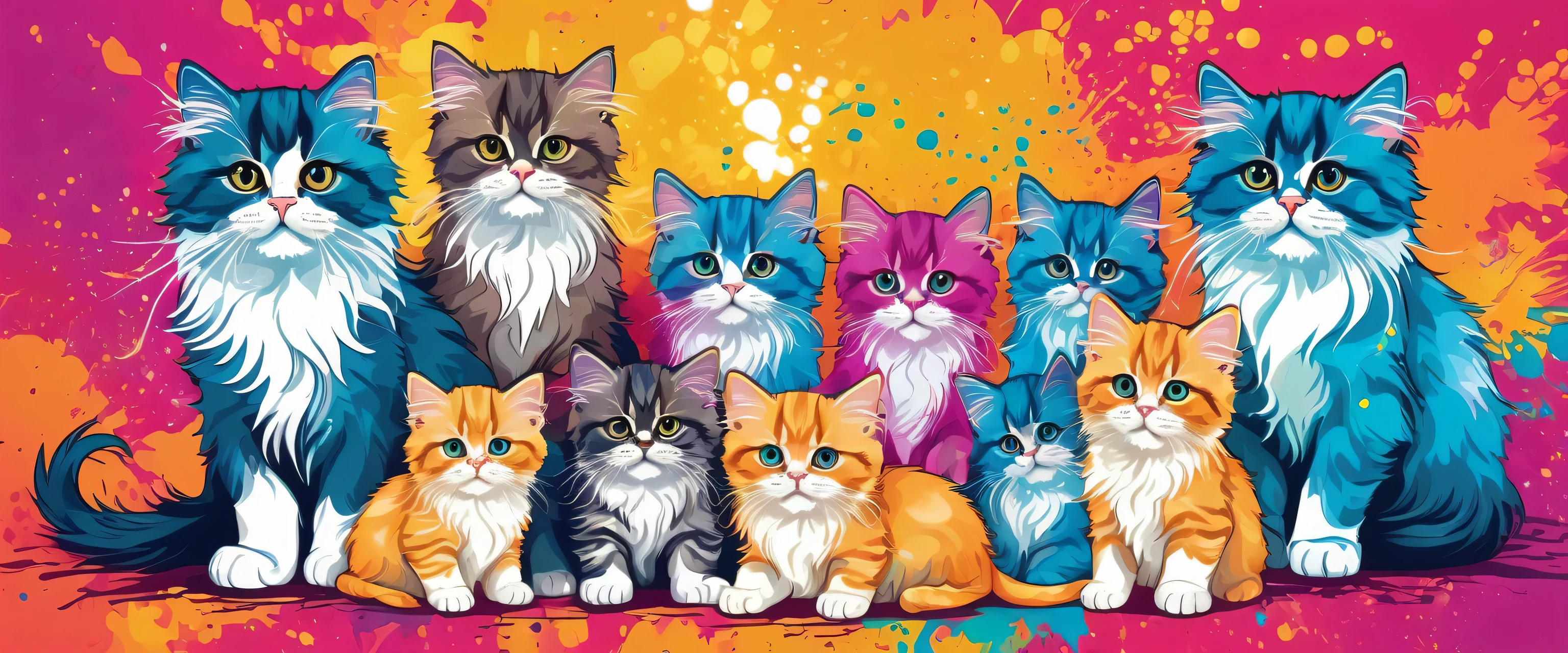 Vector Art, Colorful illustration with lots of cute Persian kittens, In the center, Vibrant colors, Paint splatters and stains, High Detail,Hawaiian style background