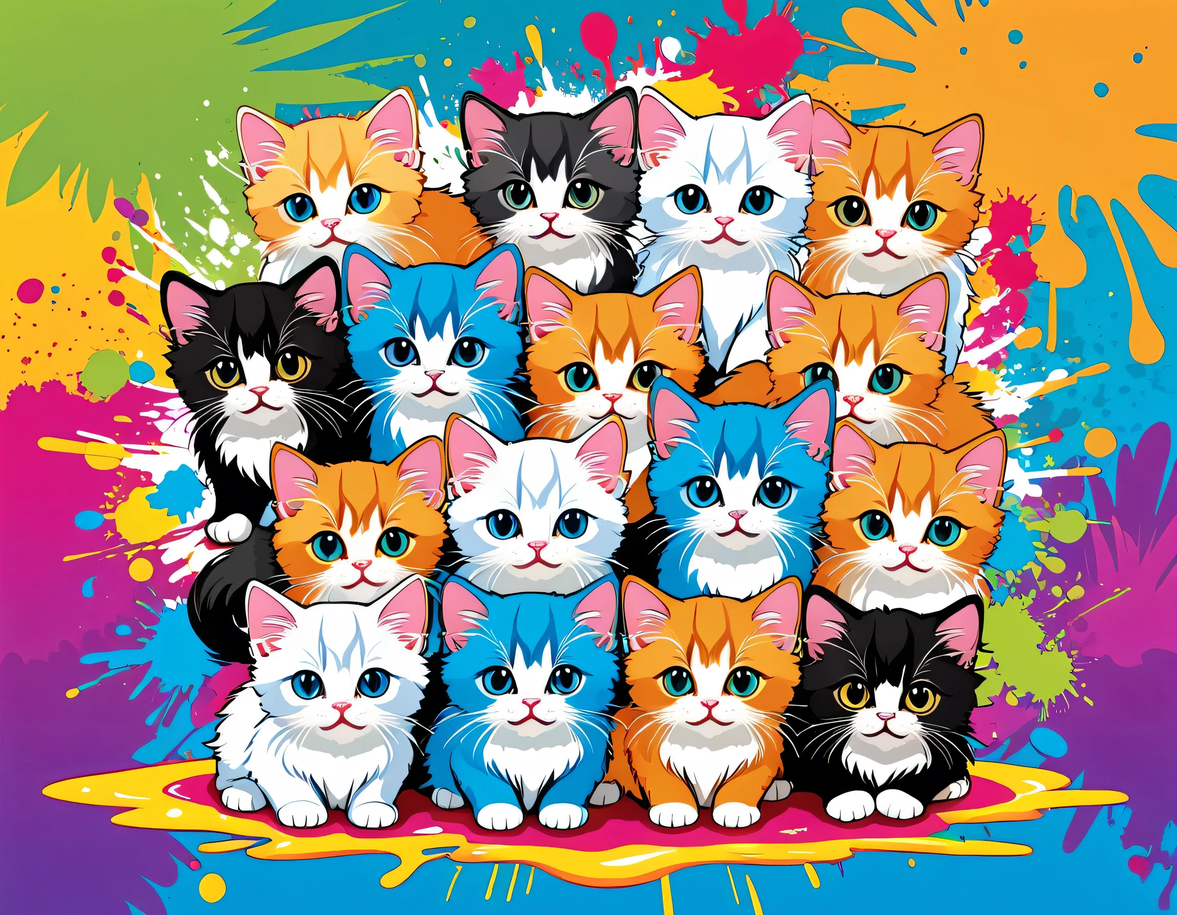 Komugiko 2000 Style, Vector Art, Colorful illustration with lots of cute Persian kittens, In the center, Vibrant colors, Paint splatters and stains, High Detail,Hawaiian style background