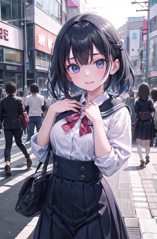 incredibily detailed, absurderes, ultra-highres, ultra detali, best qualityer,
1 girl, standing alone, beautiful hands, perfect hands,
break,
(wearing school uniform),
suprised, gaping mouth, wavy mouth,
cute pose, cowboy shot,
break,
苗条, kawaii, perfect symmetrical face, ultra cute girl, ultra cute face, ultra detailed eyes, ultra detailed hair, ultra cute, ultra beautiful,
from Canon EOS, SIGMA Art Lens 35mm F1.4, Shutter speed ISO 200 2000,
em harajuku, shibuya, Tokyo, Street, crowd, urban landscape,
medium breasts, (neckleace:-1),
break,
(cabelo roxo, blue colored eyes), hair between the eyes