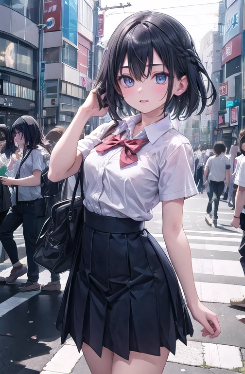 incredibily detailed, absurderes, ultra-highres, ultra detali, best qualityer,
1 girl, standing alone, beautiful hands, perfect hands,
break,
(wearing school uniform),
suprised, gaping mouth, wavy mouth,
cute pose, cowboy shot,
break,
苗条, kawaii, perfect symmetrical face, ultra cute girl, ultra cute face, ultra detailed eyes, ultra detailed hair, ultra cute, ultra beautiful,
from Canon EOS, SIGMA Art Lens 35mm F1.4, Shutter speed ISO 200 2000,
em harajuku, shibuya, Tokyo, Street, crowd, urban landscape,
medium breasts, (neckleace:-1),
break,
(cabelo roxo, blue colored eyes), hair between the eyes