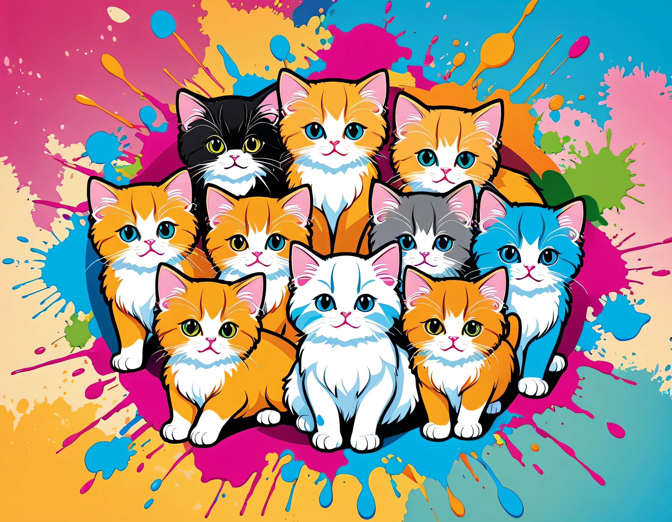 Komugiko 2000 Style, Vector Art, Colorful illustration with lots of cute Persian kittens, In the center, Vibrant colors, Paint splatters and stains, High Detail,Hawaiian style background