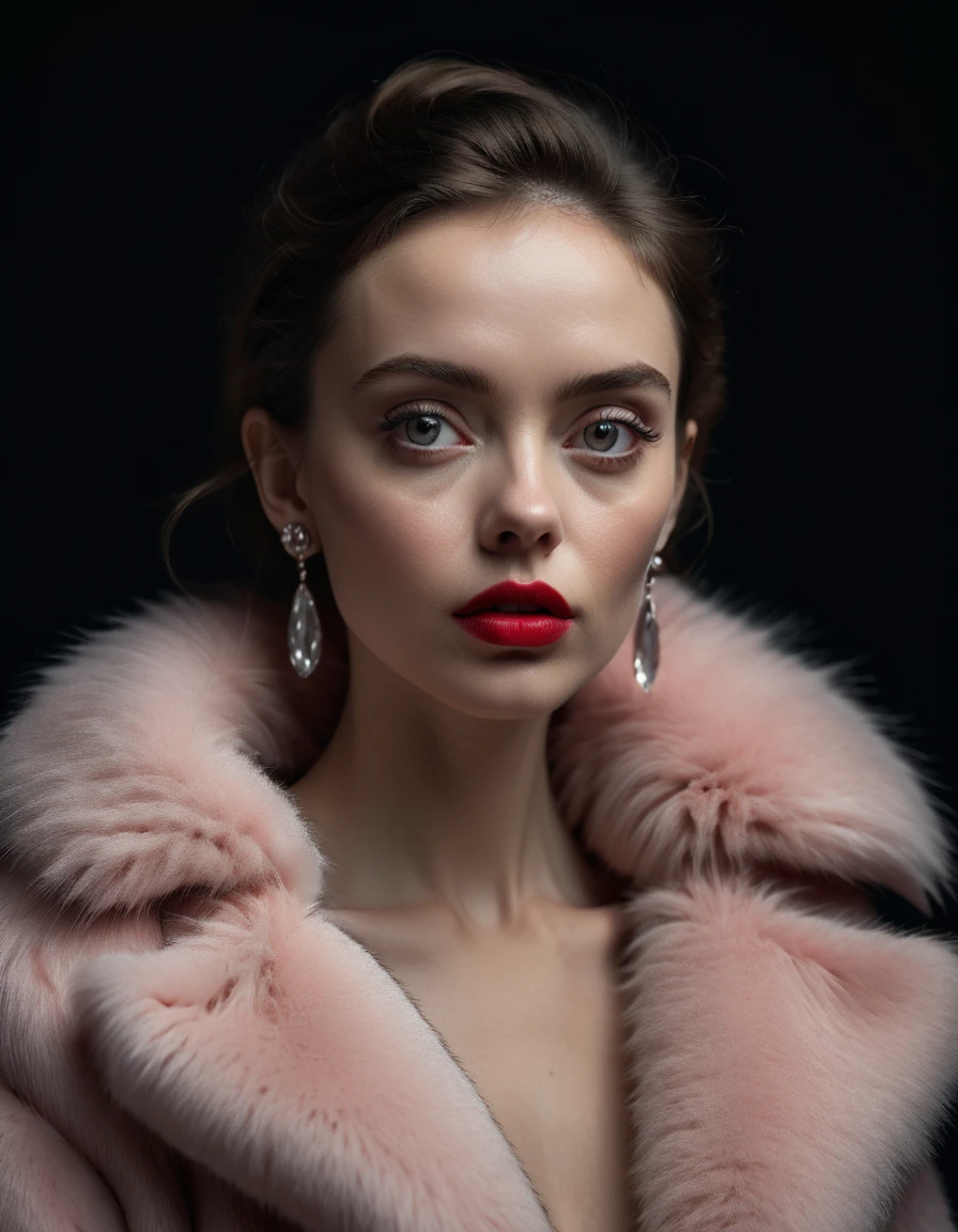 Minimalistic portrait of a beautiful woman with red lips and cold big eyes wearing earrings, a light pink fur coat in a haute couture style isolated on a dark background, cinematic lighting, ultra-realistic, shot in the style of hasselblad x2d + pishington e skinner + peter coulson, minimalism --ar 5164
