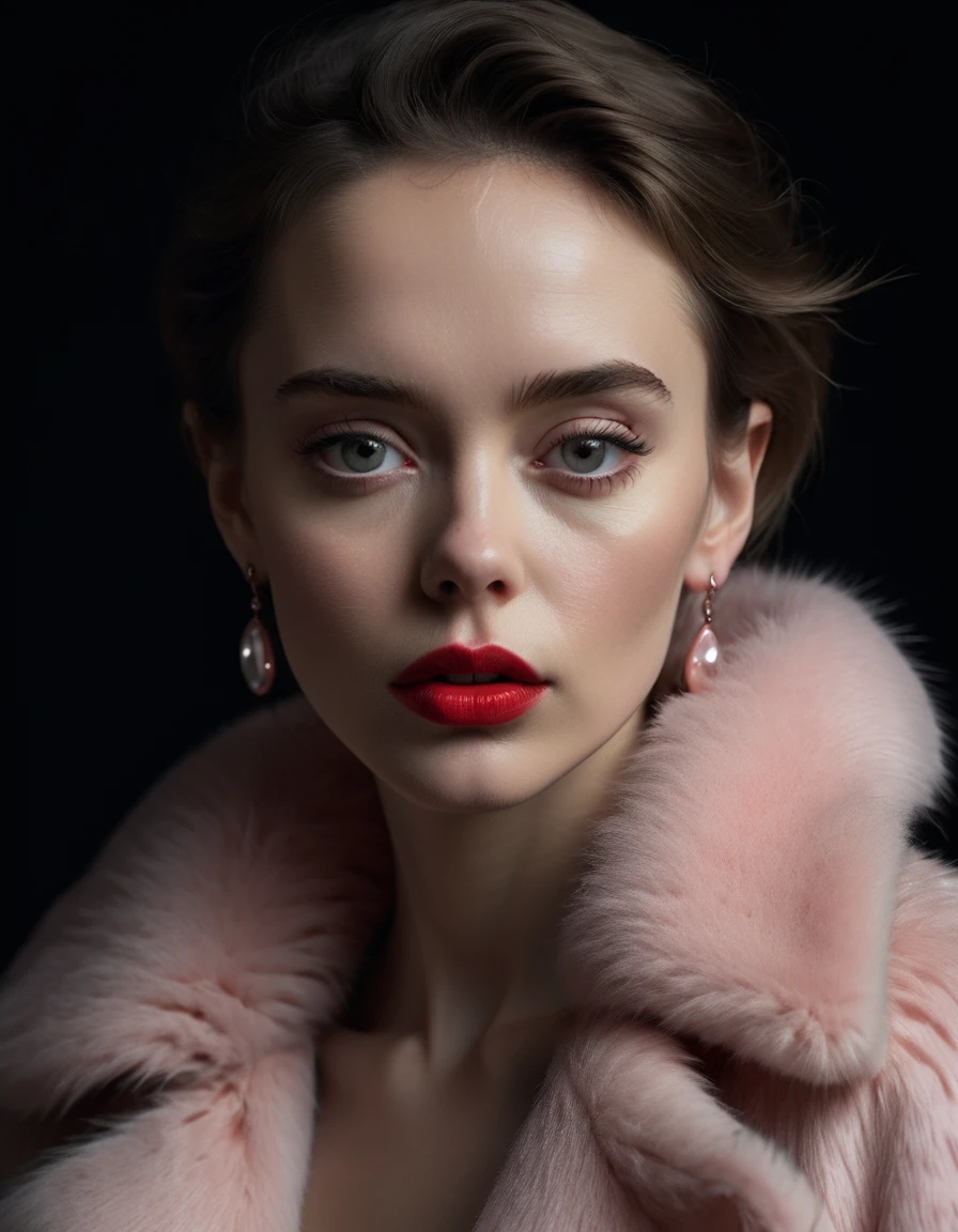 Minimalistic portrait of a beautiful woman with red lips and cold big eyes wearing earrings, a light pink fur coat in a haute couture style isolated on a dark background, cinematic lighting, ultra-realistic, shot in the style of hasselblad x2d + pishington e skinner + peter coulson, minimalism --ar 5164