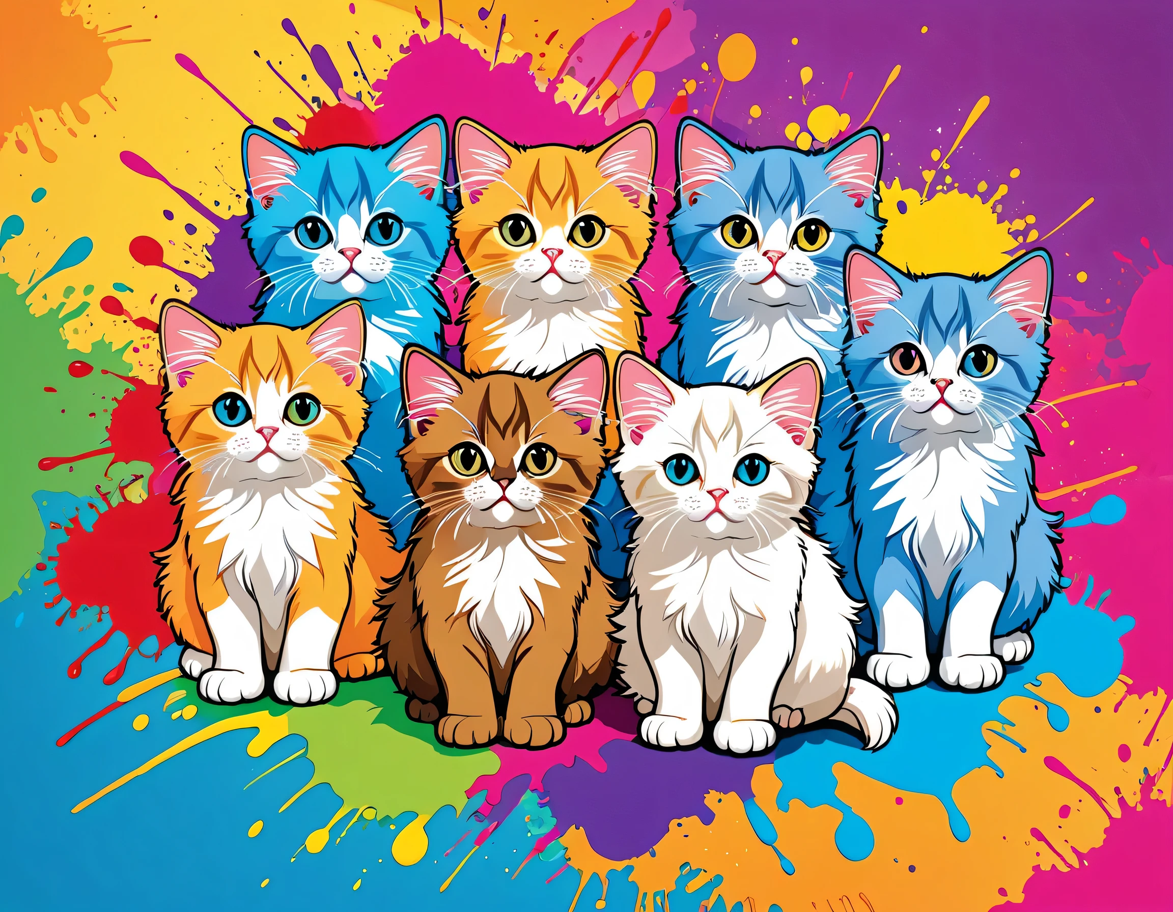 Komugiko 2000 Style, Vector Art, Colorful illustration with lots of cute Persian kittens, In the center, Vibrant colors, Paint splatters and stains, High Detail,Hawaiian style background