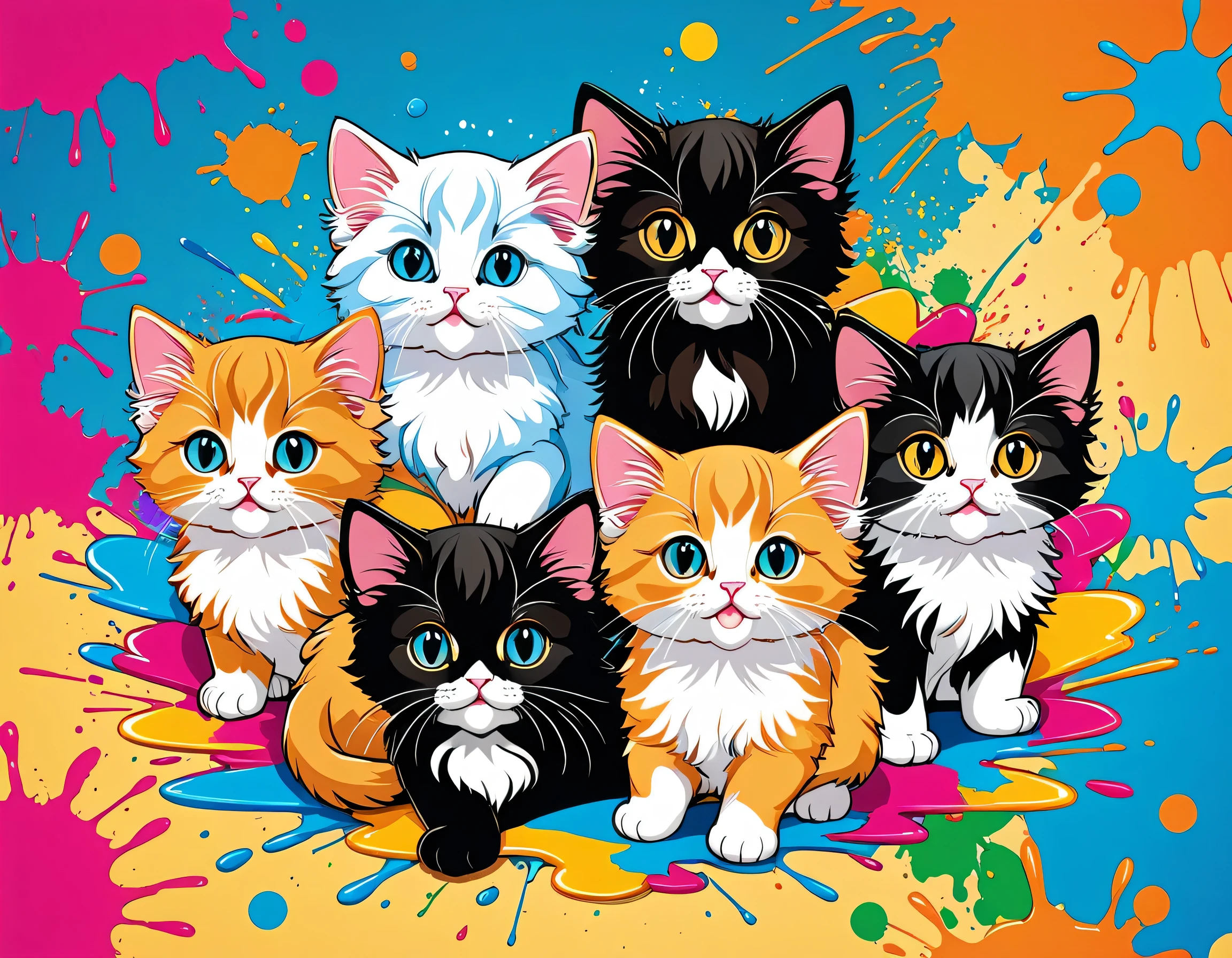 Komugiko 2000 Style, Vector Art, Colorful illustration with lots of cute Persian kittens, In the center, Vibrant colors, Paint splatters and stains, High Detail,Hawaiian style background