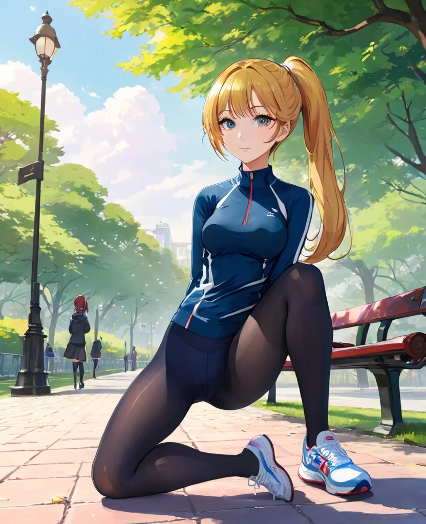 masterpiece、Mastepiece、22 year old anime girl、Random hairstyle、Perfect proportions、Wear sports tights、The background is a park