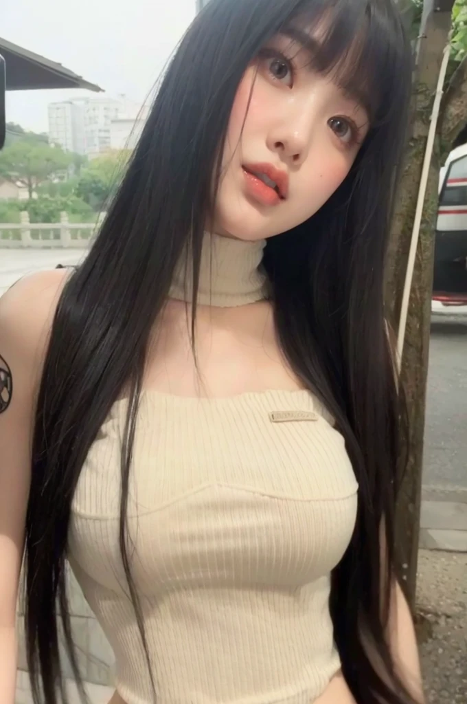 a close up of a woman with long hair wearing a tan top, Asian girl, 19 year old girl, beautiful Asian girl, 2 4 year old female model, korean girl, very beautiful girl, with long hair, beautiful chinese model, with long dark hair, 1 8 son, 18 years, long hair with full bangs
