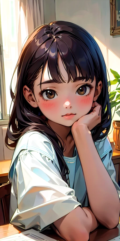(Highest quality, masterpiece, Ultra-realistic), Beautiful and delicate15Year-old girl portrait, With a calm and gentle expression, The background scene shows me studying at my desk in my room at home.。