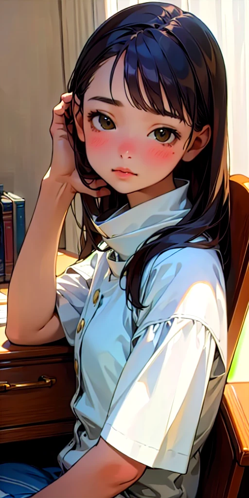 (Highest quality, masterpiece, Ultra-realistic), Beautiful and delicate１５Year-old girl portrait, With a calm and gentle expression, The background scene shows me studying at my desk in my room at home.。